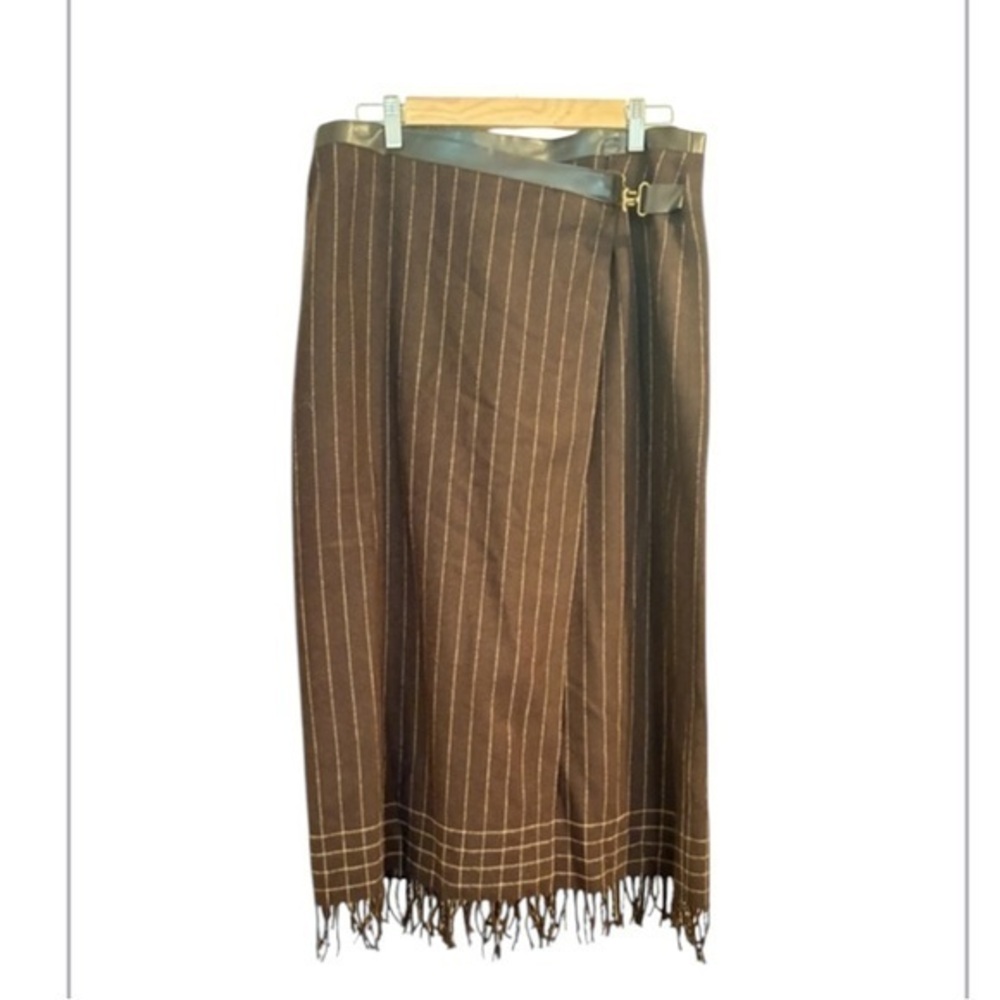 Brown Striped Wrap Skirt with Fringe